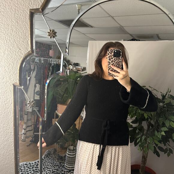 Philosophy Crew Neck Tie Waist Rib Knit Sweater Black Size Small - Picture 3 of 6